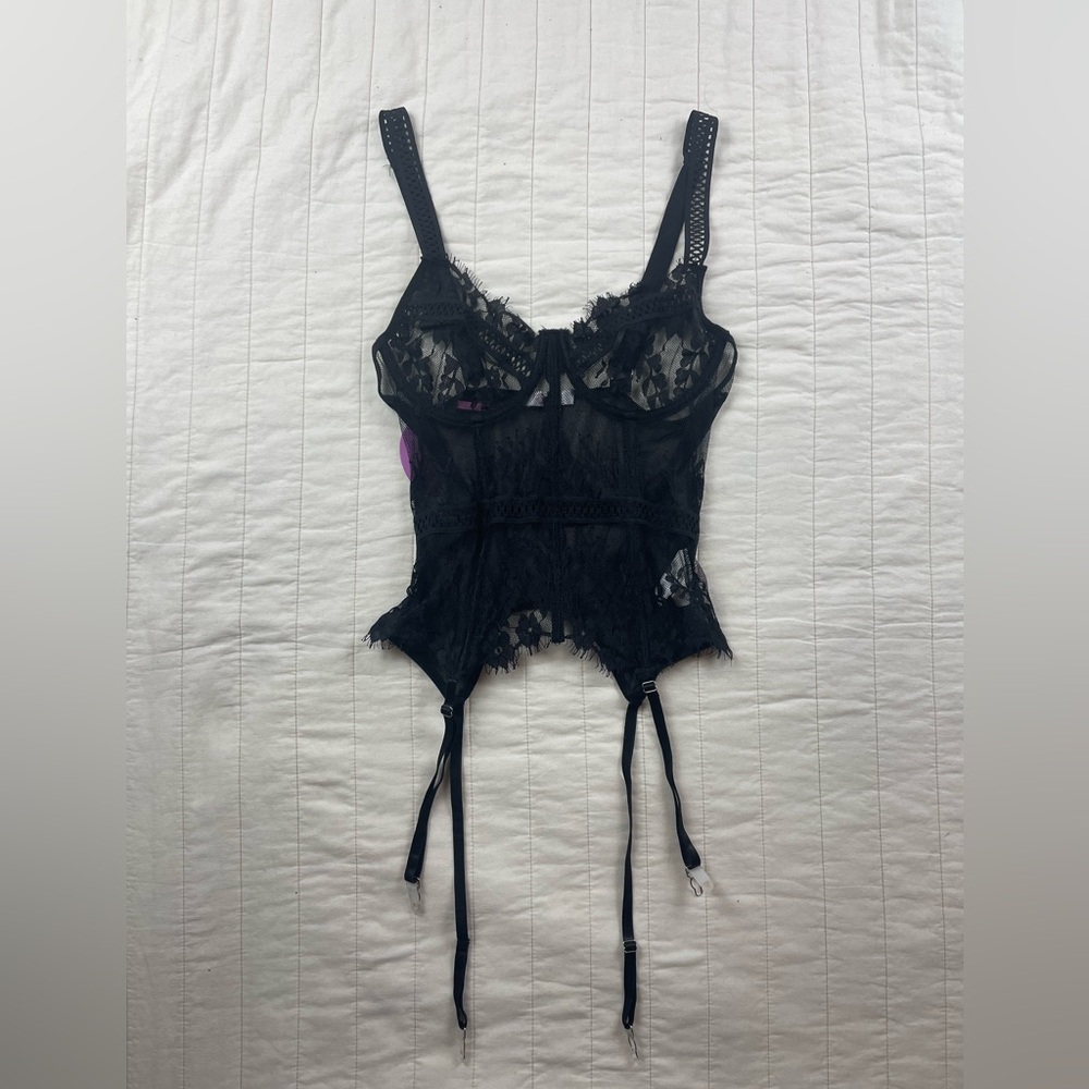 AVIDLOVE Black Sheer Lace Bustier with Garter Attachments (fits small for med)